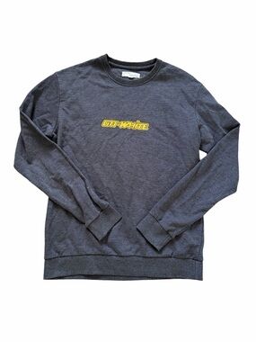 Off-White Fire Tape Gray Crewneck with Yellow Logo Patch Virgil Abloh Sweatshirt